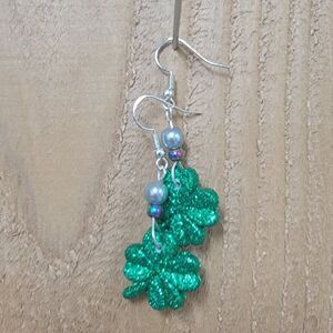 Handcrafted Shamrock Earrings St Patrick's Day Irish Green Sparkle Glitter